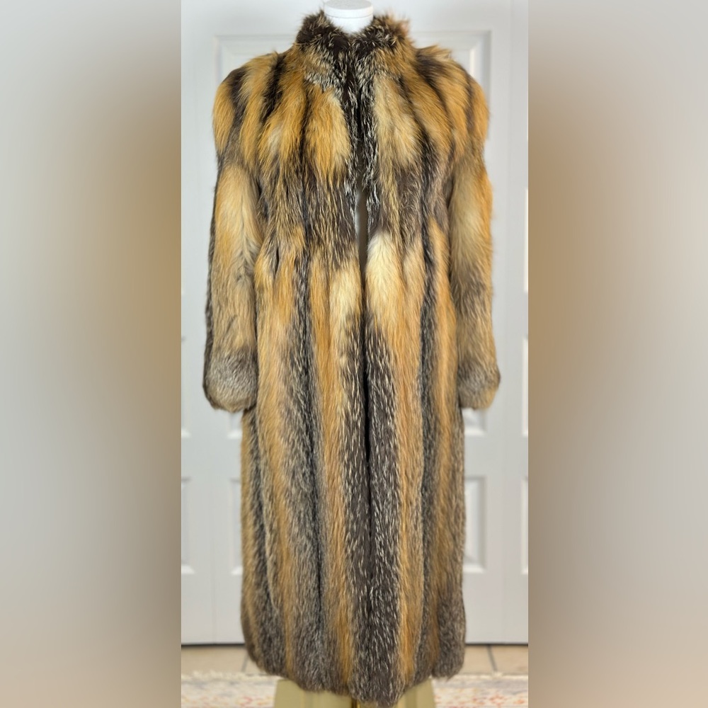 Long Golden Brown Fox Fur Trench Coat